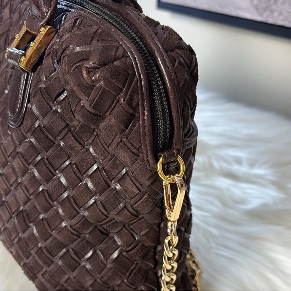 BALLY Elegant Brown Woven Suede & Leather Satchel w/Gold HDW, Chain & Tassel EUC - Picture 3 of 12